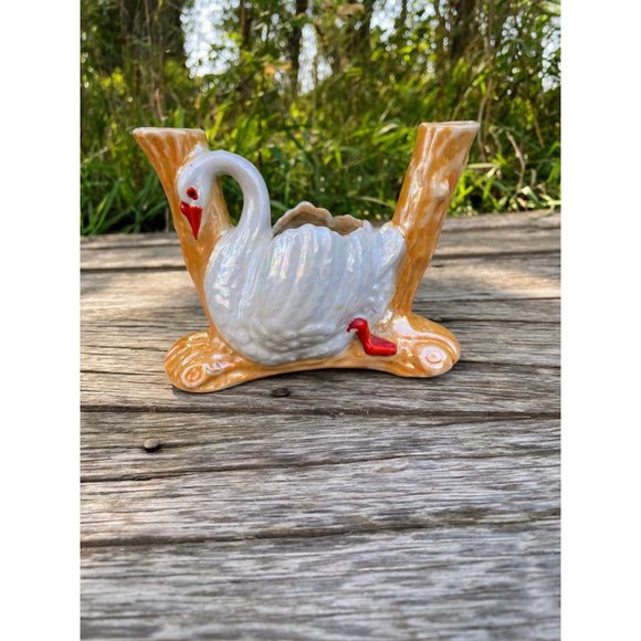 Vintage 1950s Lusterware Swan Planter With Vases - Picture 2 of 13